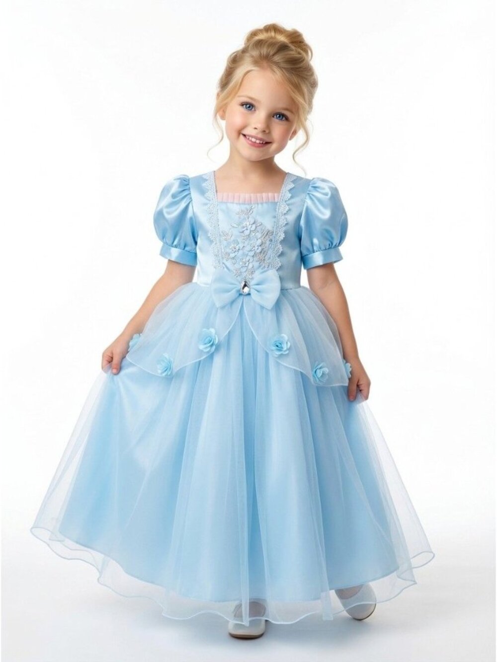 Girls Cinderella Princess Costume Dress Light Blue Satin Tulle Birthday Party